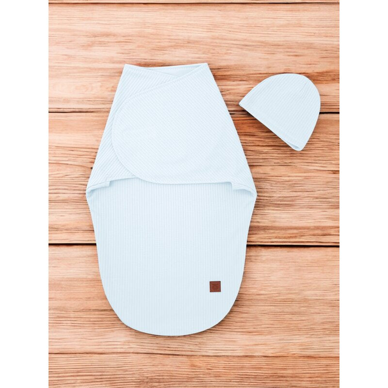 Sistem de infasare si caciulita, MimiNu, Pentru bebe, 0 - 3 luni, Leo, Din bumbac interlock certificat Oeko Tex Standard 100, Soft Blue