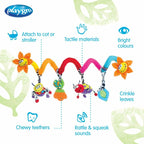 Spirala cu jucarii, Playgro, Multifunctionale pentru carucior, scoica auto si patut, Cu jucarie de dentitie, Amazing Garden Twirly Whirly, 33 cm