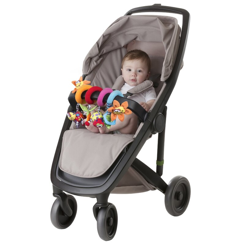 Spirala cu jucarii, Playgro, Multifunctionale pentru carucior, scoica auto si patut, Cu jucarie de dentitie, Amazing Garden Twirly Whirly, 33 cm