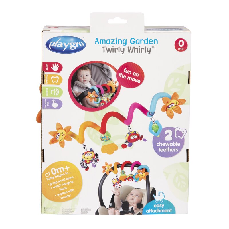 Spirala cu jucarii, Playgro, Multifunctionale pentru carucior, scoica auto si patut, Cu jucarie de dentitie, Amazing Garden Twirly Whirly, 33 cm