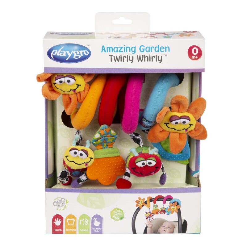 Spirala cu jucarii, Playgro, Multifunctionale pentru carucior, scoica auto si patut, Cu jucarie de dentitie, Amazing Garden Twirly Whirly, 33 cm