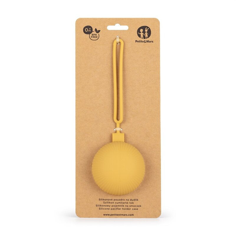 Suport suzeta, Petite&Mars, Universala, Cu maner, Poate fi atasat la carucior sau geanta, Silicon, Fara BPA, 0 luni+, Galben