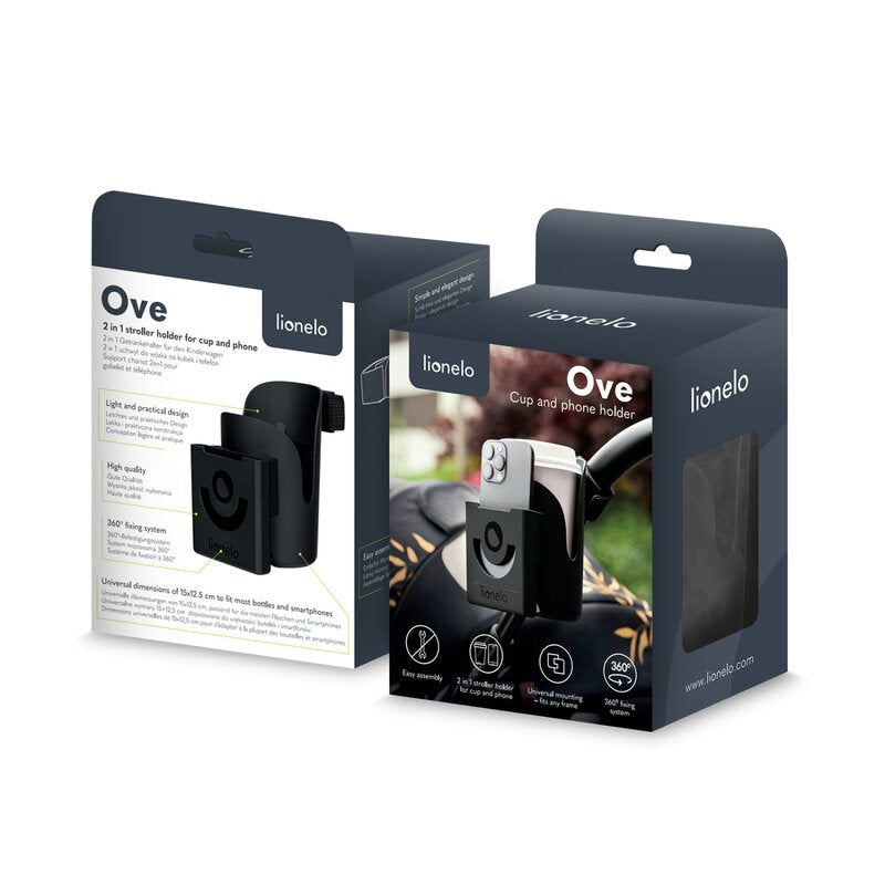 Suport universal pentru biberon/pahar si telefon, Lionelo, Ove, Cu sistem de rotire 360, Negru