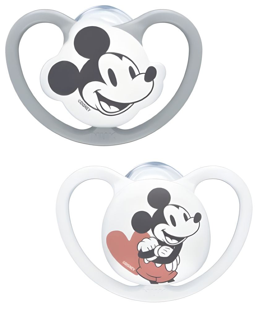 Set 2 Suzete Nuk Space Disney Mickey Silicon M2 6-18 Luni Ortodontice cu Cutie