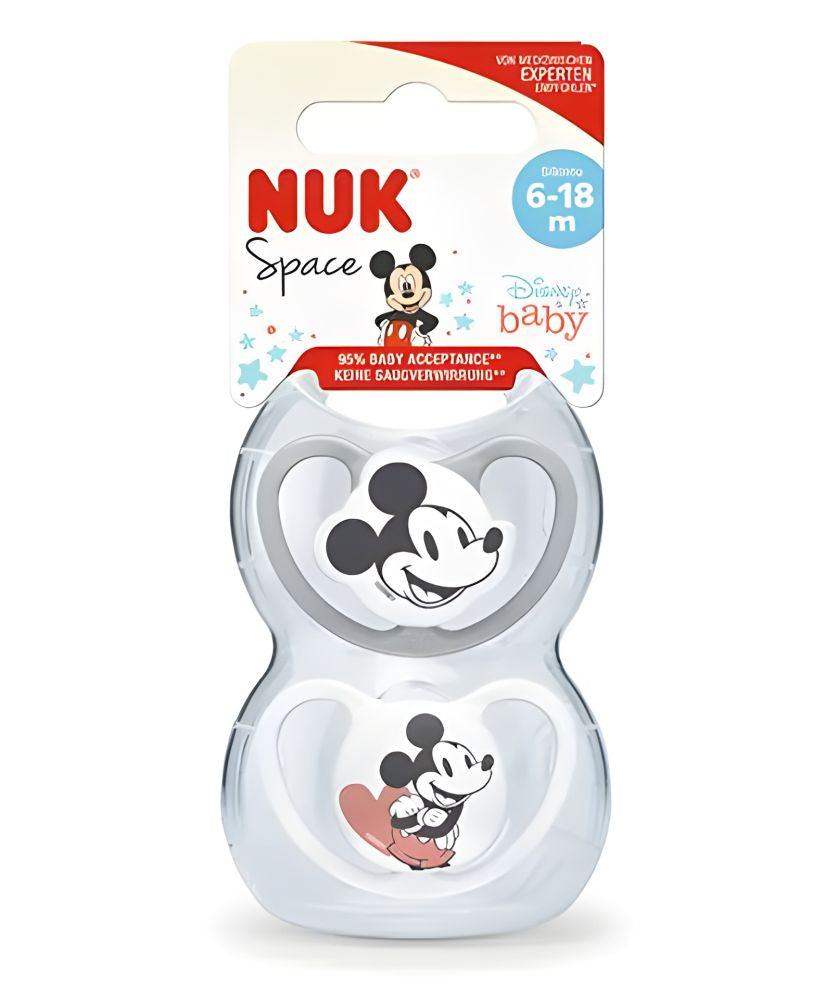 Set 2 Suzete Nuk Space Disney Mickey Silicon M2 6-18 Luni Ortodontice cu Cutie