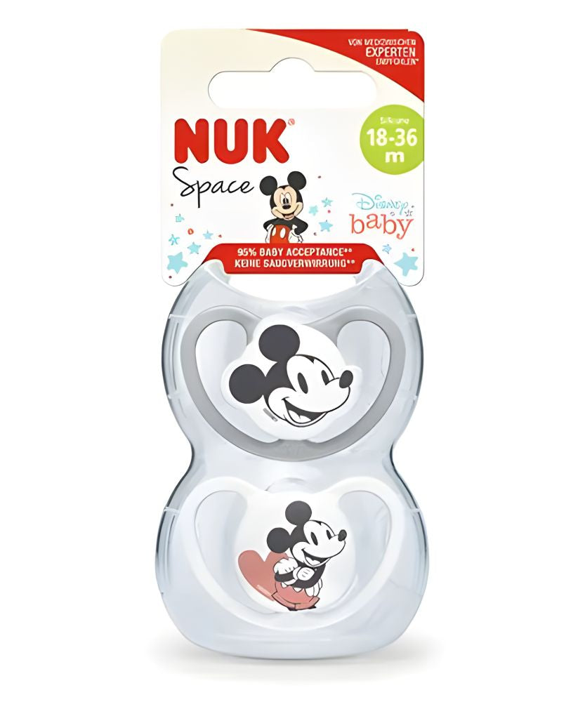 Set 2 Suzete Nuk Space Disney Mickey Silicon M3 18-36 Luni Ortodontice cu Cutie