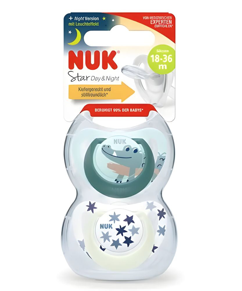Set 2 Suzete Nuk Star Day & Night Silicon M3 18-36 Luni Ortodontice Crocodil Luminos