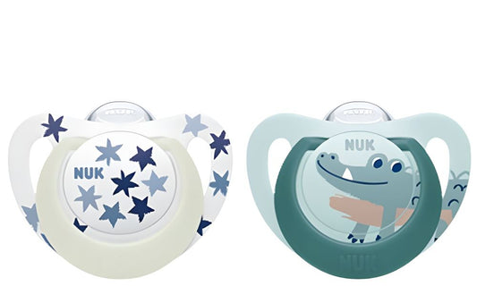 Set 2 Suzete Nuk Star Day & Night Silicon M3 18-36 Luni Ortodontice Crocodil Luminos