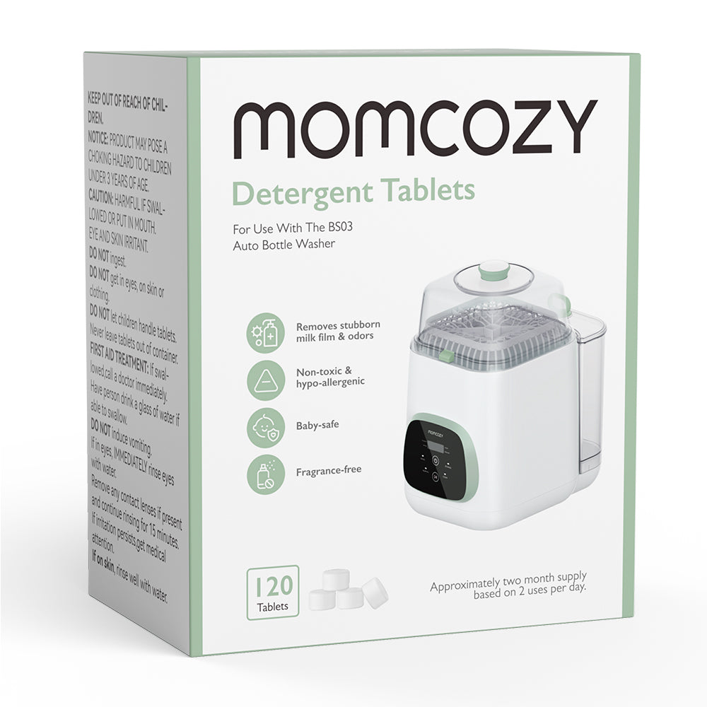 Tablete de detergent pentru biberoane Momcozy, ambalaj