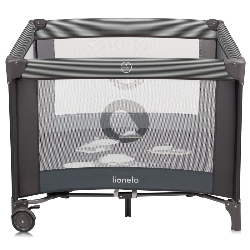 Tarc de joaca copii, Lionelo, Bonnie, Pana la 15 kg, 100 x 100 cm, Pliere compacta, Include geanta de transport, Din plasa, Cu intrare laterala cu fermoar, Cu roti, Cu salteluta din spuma, Conform cu EN12227, Gri inchis