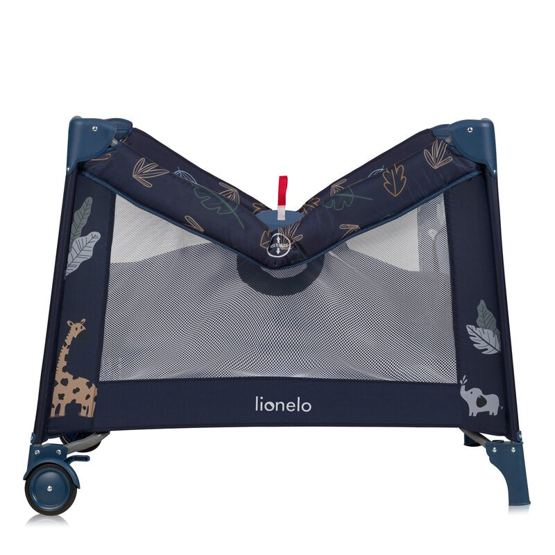 Tarc de joaca copii, Lionelo, Bonnie, Pana la 15 kg, 100 x 100 cm, Pliere compacta, Include geanta de transport, Din plasa, Cu intrare laterala cu fermoar, Cu roti, Cu salteluta din spuma, Conform cu EN12227, Albastru