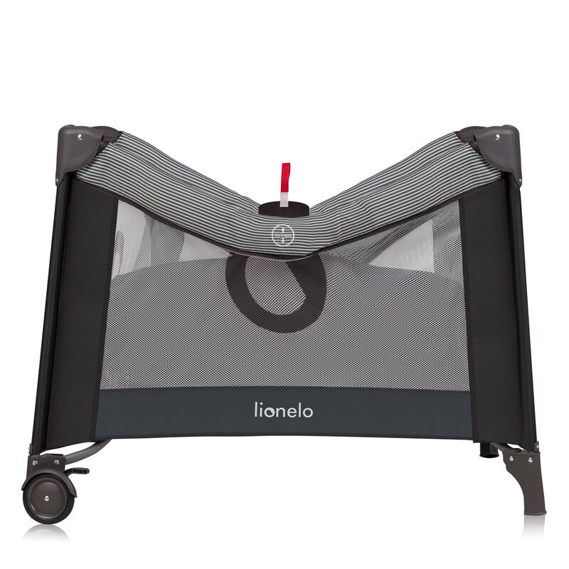 Tarc de joaca copii, Lionelo, Bonnie, Pana la 15 kg, 100 x 100 cm, Pliere compacta, Include geanta de transport, Din plasa, Cu intrare laterala cu fermoar, Cu roti, Cu salteluta din spuma, Conform cu EN12227, Gri inchis