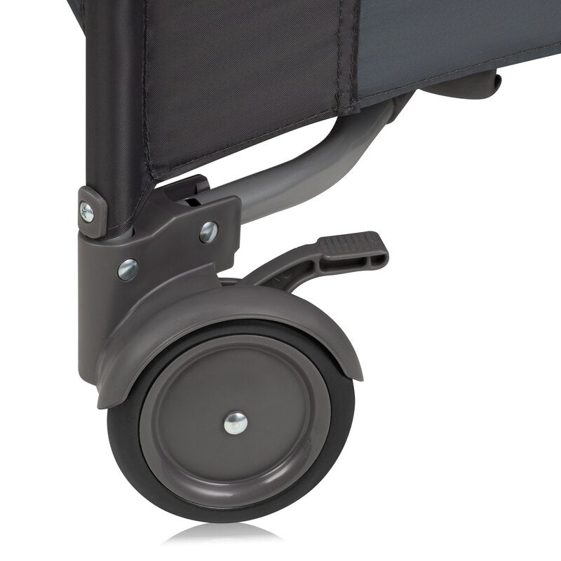 Tarc de joaca copii, Lionelo, Bonnie, Pana la 15 kg, 100 x 100 cm, Pliere compacta, Include geanta de transport, Din plasa, Cu intrare laterala cu fermoar, Cu roti, Cu salteluta din spuma, Conform cu EN12227, Gri inchis