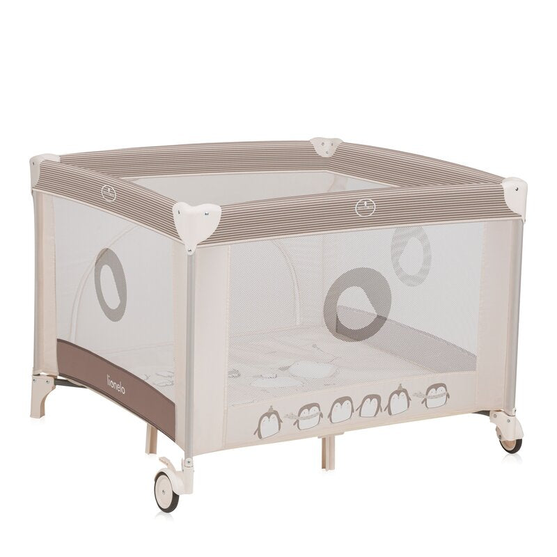 Tarc de joaca copii, Lionelo, Bonnie, Pana la 15 kg, 100 x 100 cm, Pliere compacta, Include geanta de transport, Din plasa, Cu intrare laterala cu fermoar, Cu roti, Cu salteluta din spuma, Conform cu EN12227, Bej