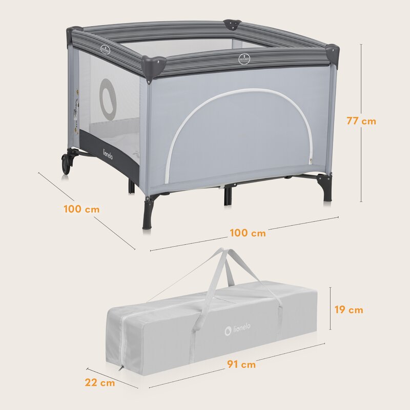 Tarc de joaca copii, Lionelo, Bonnie, Pana la 15 kg, 100 x 100 cm, Pliere compacta, Include geanta de transport, Din plasa, Cu intrare laterala cu fermoar, Cu roti, Cu salteluta din spuma, Conform cu EN12227, Gri deschis