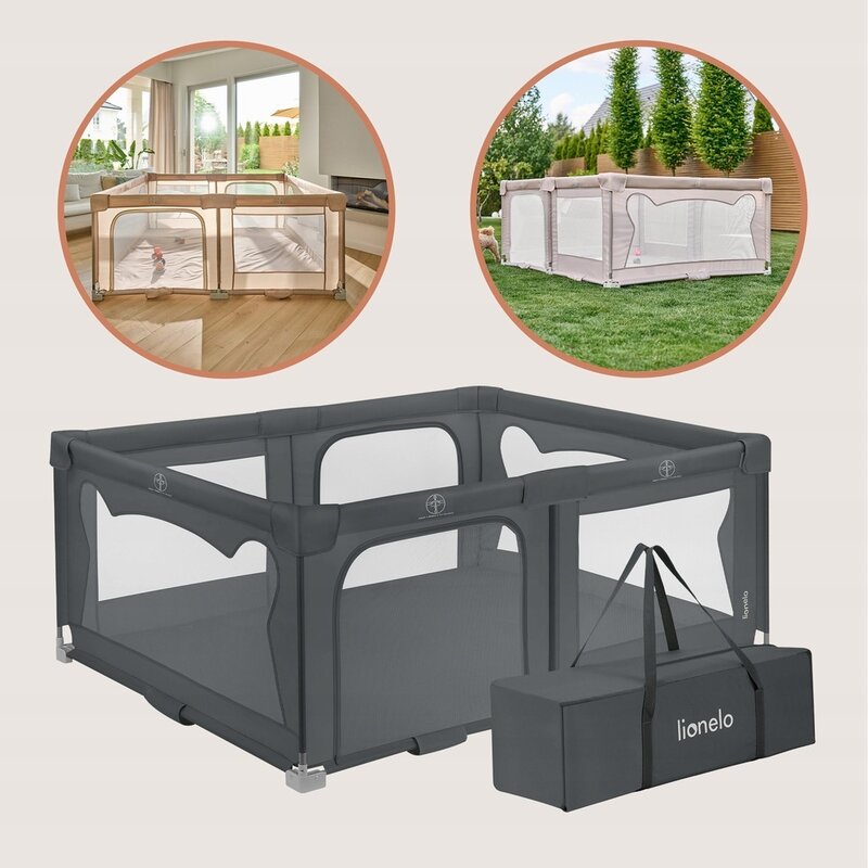 Tarc de joaca copii, Lionelo, Florence Easy Fold, 150 x 180 x 75 cm, Pliere, depliere automata, Include geanta de transport, Din plasa, Cu doua intrari laterale, 0-48 luni, Conform cu EN12227, Gri