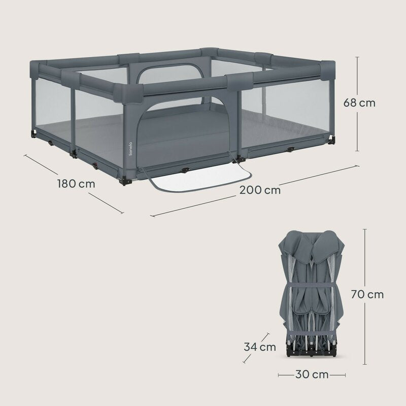 Tarc de joaca copii, Lionelo, Florence Easy Fold XL, 180 x 200 x 68 cm, Pliere, depliere automata, Include geanta de transport, Din plasa, Cu doua intrari laterale, 0-48 luni, Conform cu EN12227, Grey Stone