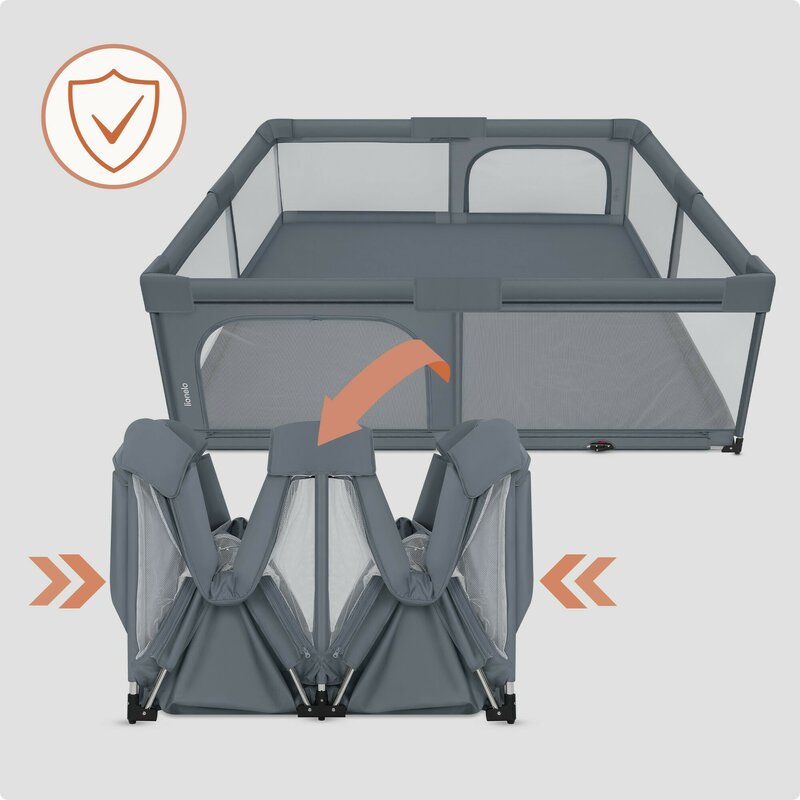 Tarc de joaca copii, Lionelo, Florence Easy Fold XL, 180 x 200 x 68 cm, Pliere, depliere automata, Include geanta de transport, Din plasa, Cu doua intrari laterale, 0-48 luni, Conform cu EN12227, Grey Stone