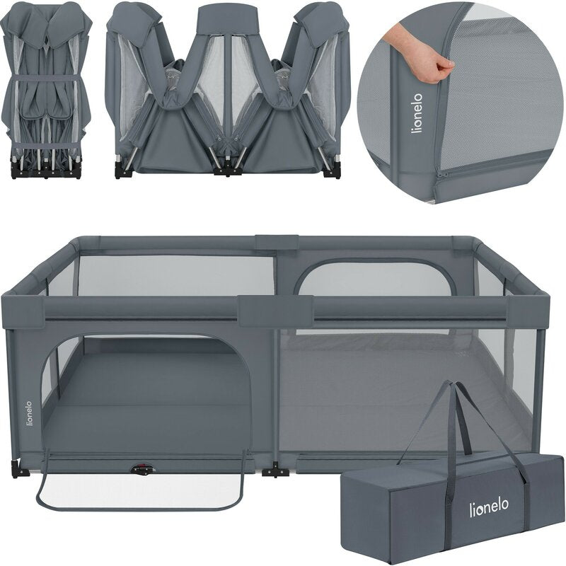 Tarc de joaca copii, Lionelo, Florence Easy Fold XL, 180 x 200 x 68 cm, Pliere, depliere automata, Include geanta de transport, Din plasa, Cu doua intrari laterale, 0-48 luni, Conform cu EN12227, Grey Stone