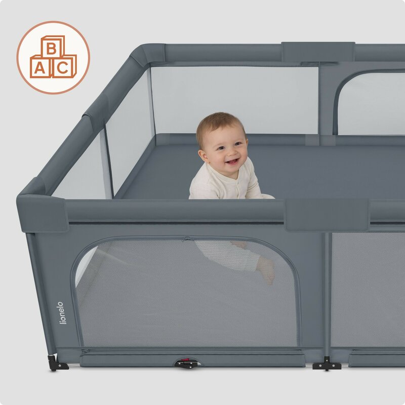 Tarc de joaca copii, Lionelo, Florence Easy Fold XL, 180 x 200 x 68 cm, Pliere, depliere automata, Include geanta de transport, Din plasa, Cu doua intrari laterale, 0-48 luni, Conform cu EN12227, Grey Stone