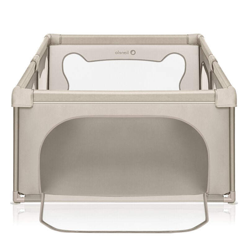 Tarc de joaca copii, Lionelo, Willow, 127 x 187 cm, Pliere compacta, Include geanta de transport, Din plasa, Cu doua intrari laterale si fermoar, Cu ventuze pentru stabilitate, Conform cu EN 12227:2010, Bej