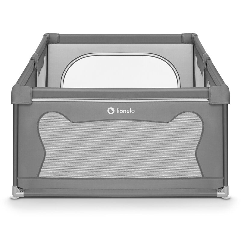 Tarc de joaca copii, Lionelo, Willow, 127 x 187 cm, Pliere compacta, Include geanta de transport, Din plasa, Cu doua intrari laterale si fermoar, Cu ventuze pentru stabilitate, Conform cu EN 12227:2010, Gri