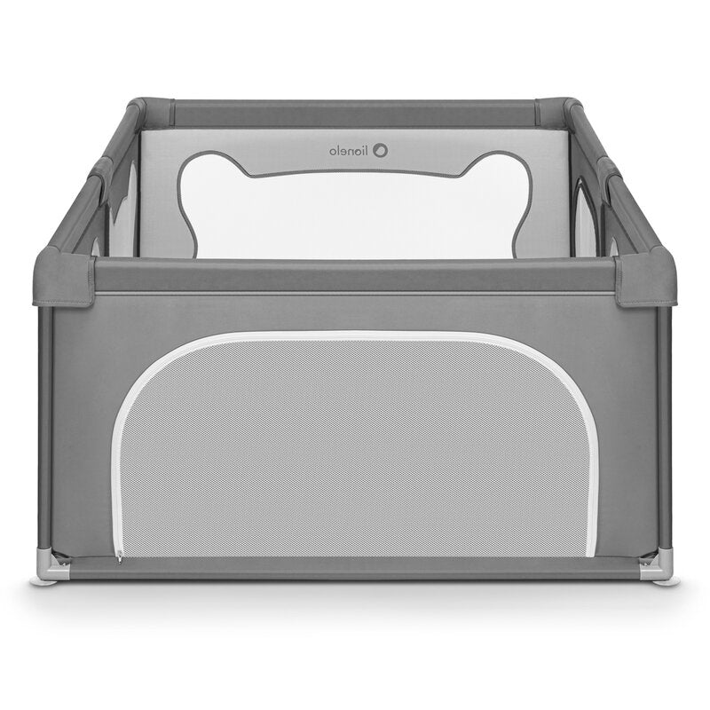 Tarc de joaca copii, Lionelo, Willow, 127 x 187 cm, Pliere compacta, Include geanta de transport, Din plasa, Cu doua intrari laterale si fermoar, Cu ventuze pentru stabilitate, Conform cu EN 12227:2010, Gri