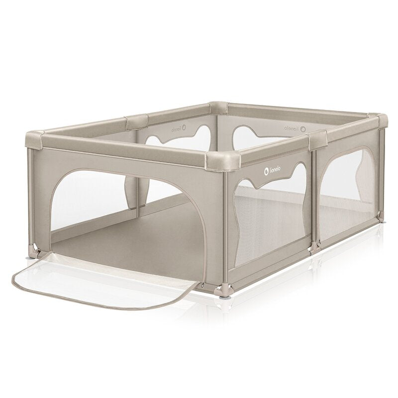 Tarc de joaca copii, Lionelo, Willow, 127 x 187 cm, Pliere compacta, Include geanta de transport, Din plasa, Cu doua intrari laterale si fermoar, Cu ventuze pentru stabilitate, Conform cu EN 12227:2010, Bej