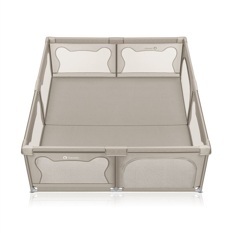 Tarc de joaca copii, Lionelo, Willow XL,180 x 200 cm, Pliere compacta, Include geanta de transport, Din plasa, Cu doua intrari laterale si fermoar, Cu ventuze pentru stabilitate, Conform cu EN 12227:2010, Bej