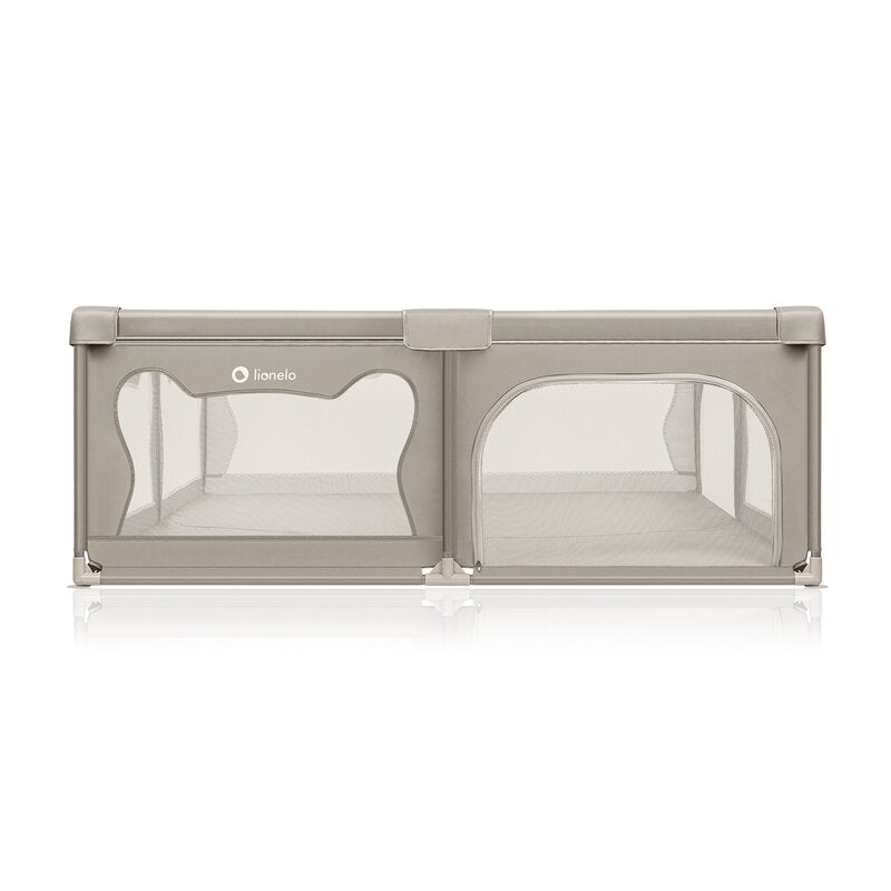 Tarc de joaca copii, Lionelo, Willow XL,180 x 200 cm, Pliere compacta, Include geanta de transport, Din plasa, Cu doua intrari laterale si fermoar, Cu ventuze pentru stabilitate, Conform cu EN 12227:2010, Bej