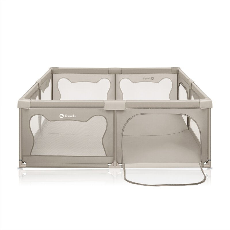 Tarc de joaca copii, Lionelo, Willow XL,180 x 200 cm, Pliere compacta, Include geanta de transport, Din plasa, Cu doua intrari laterale si fermoar, Cu ventuze pentru stabilitate, Conform cu EN 12227:2010, Bej