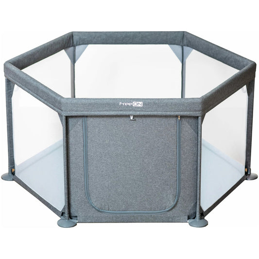 Tarc de joaca, FreeON, Hexagonal, Pentru bebe, Cu 4 manere, Intrare cu fermoar, Cu geanta de transport, 117 x 67 x 67 cm, Conform cu standardul european de securitate EN 12227:2010, Grey