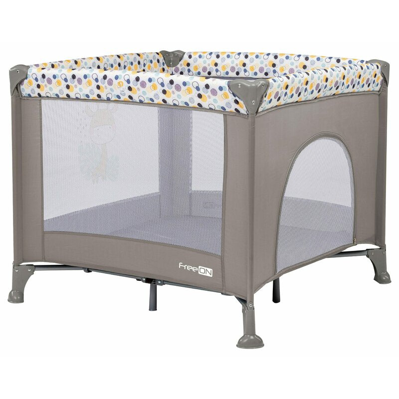 Tarc de joaca, FreeON, Patrat, Pliabil, Intrare cu fermoar, Laterale din plasa, 93x93x87 cm, Pana la 15 kg, 6 luni+, Gri