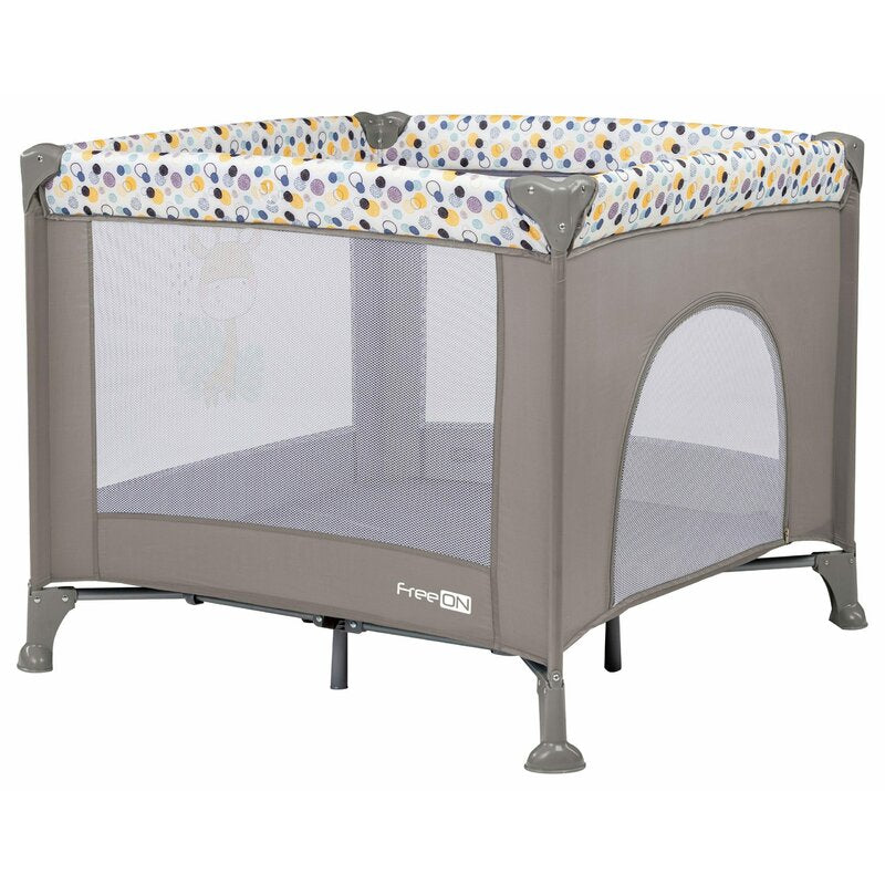 Tarc de joaca, FreeON, Patrat, Pliabil, Intrare cu fermoar, Laterale din plasa, 93x93x87 cm, Pana la 15 kg, 6 luni+, Gri