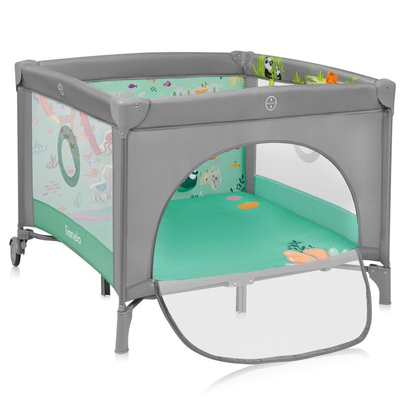 Tarc de joaca, Lionelo, Mille Plus, Pliabil, Include saltea cu densitate T25, 4 jucarii cu velcro, Manere textile, Geanta de transport, Cu roti si inchidere laterala, Pereti din plasa pentru vizibilitate si aerisire, 100 x 100 x 77 cm, Verde