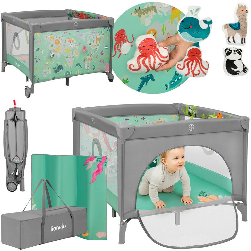 Tarc de joaca, Lionelo, Mille Plus, Pliabil, Include saltea cu densitate T25, 4 jucarii cu velcro, Manere textile, Geanta de transport, Cu roti si inchidere laterala, Pereti din plasa pentru vizibilitate si aerisire, 100 x 100 x 77 cm, Verde