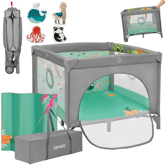 Tarc de joaca, Lionelo, Mille Plus, Pliabil, Include saltea cu densitate T25, 4 jucarii cu velcro, Manere textile, Geanta de transport, Cu roti si inchidere laterala, Pereti din plasa pentru vizibilitate si aerisire, 100 x 100 x 77 cm, Verde