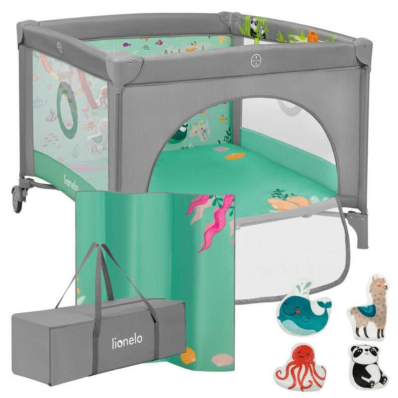 Tarc de joaca, Lionelo, Mille Plus, Pliabil, Include saltea cu densitate T25, 4 jucarii cu velcro, Manere textile, Geanta de transport, Cu roti si inchidere laterala, Pereti din plasa pentru vizibilitate si aerisire, 100 x 100 x 77 cm, Verde