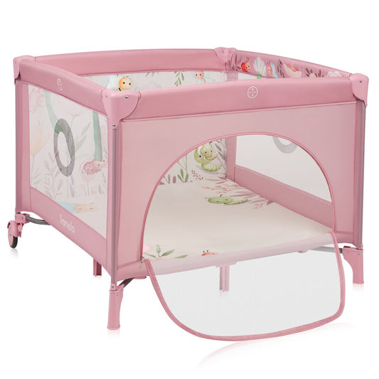 Tarc de joaca, Lionelo, Mille Plus, Pliabil, Include saltea cu densitate T25, 4 jucarii cu velcro, Manere textile, Geanta de transport, Cu roti si inchidere laterala, Pereti din plasa pentru vizibilitate si aerisire, 100 x 100 x 77 cm, Roz
