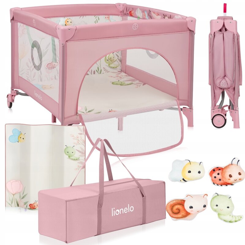 Tarc de Joaca Lionelo Mille Plus Pliabil 100x100 cm Roz cu Saltea T25