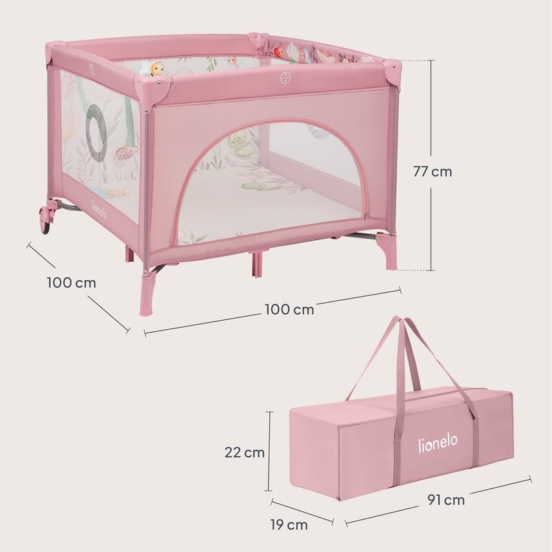 Tarc de Joaca Lionelo Mille Plus Pliabil 100x100 cm Roz cu Saltea T25