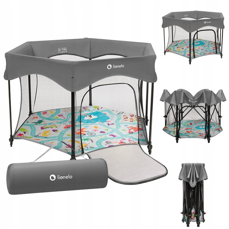 Tarc de joaca, Lionelo, Roel Plus, Pliere ultra-compacta, Sistem LockGuard impotriva plierii accidentale, Geanta de transport inclusa, Conform cu EN 12227:2010, 134x134x74 cm, 6 luni+, Multicolor