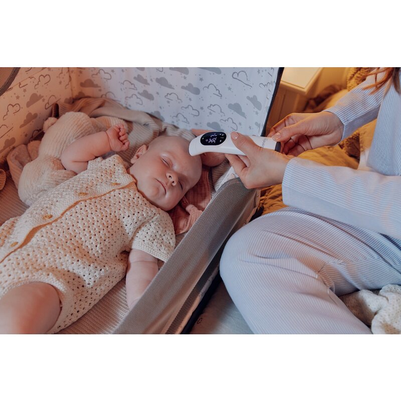 Termometru, Lionelo, FeverScan, Cu infrarosu, Fara contact, Rezultat ultrarapid, Potrivit si pentru alimente, Cu 4 moduri de functionare, Cu indicator LED si alarma sonora, Cu husa de depozitare