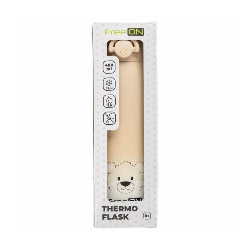 Termos lichide, FreeON, Din otel inoxidabil, Cu mentinere de temperatura de pana la 12 ore, 480 ml, Beige