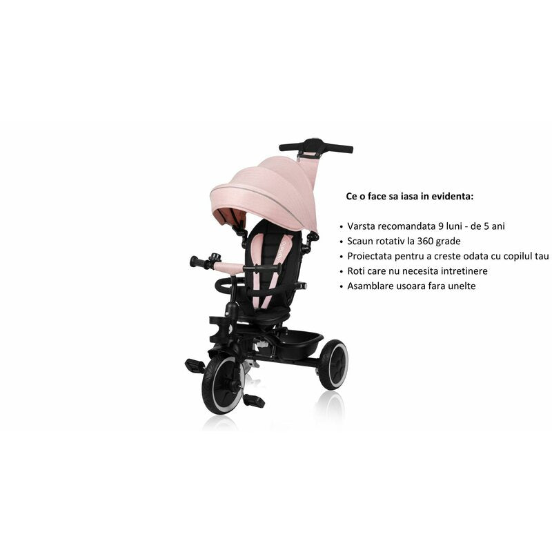 Tricicleta copii, Lionelo, Berry, 2 in 1, Multifunctionala, Suport picioare, Control al directiei, Scaun reversibil, Rotire 360 grade, Functie de roata libera, Utilizare pana la 5 ani, Constructie din otel, Conform cu standardul EN71, Roz