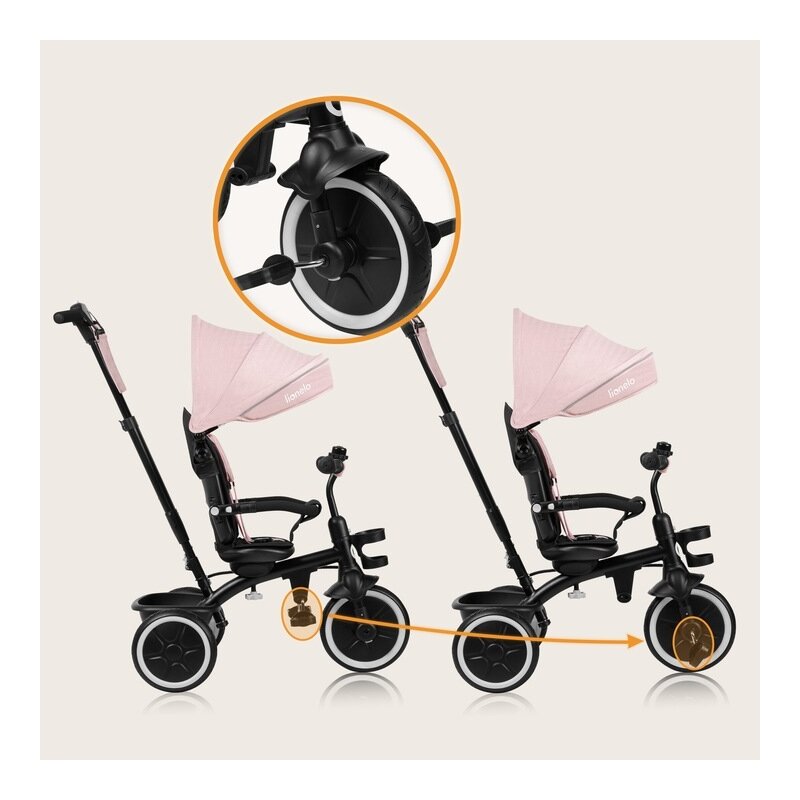 Tricicleta copii, Lionelo, Berry, 2 in 1, Multifunctionala, Suport picioare, Control al directiei, Scaun reversibil, Rotire 360 grade, Functie de roata libera, Utilizare pana la 5 ani, Constructie din otel, Conform cu standardul EN71, Roz