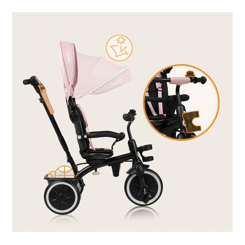 Tricicleta copii, Lionelo, Berry, 2 in 1, Multifunctionala, Suport picioare, Control al directiei, Scaun reversibil, Rotire 360 grade, Functie de roata libera, Utilizare pana la 5 ani, Constructie din otel, Conform cu standardul EN71, Roz