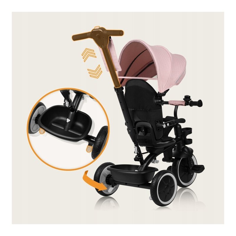 Tricicleta copii, Lionelo, Berry, 2 in 1, Multifunctionala, Suport picioare, Control al directiei, Scaun reversibil, Rotire 360 grade, Functie de roata libera, Utilizare pana la 5 ani, Constructie din otel, Conform cu standardul EN71, Roz