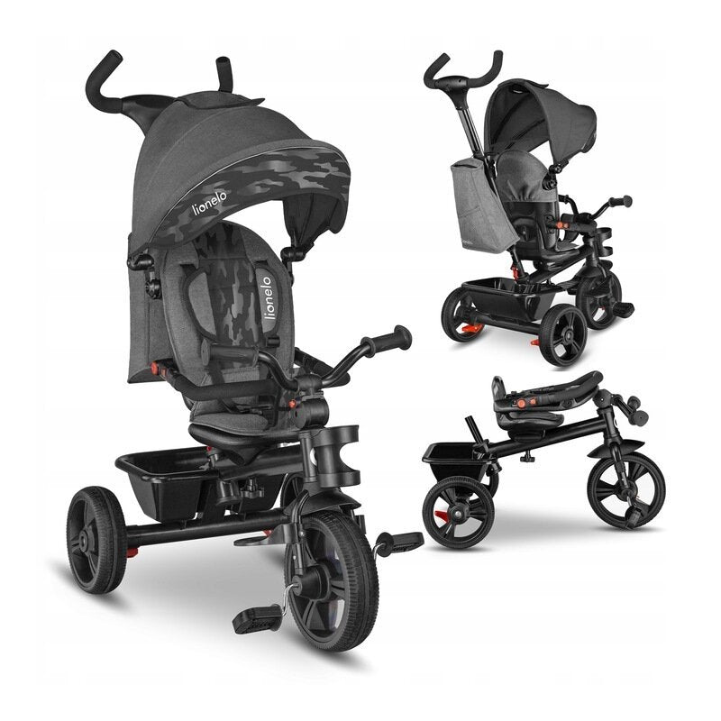 Tricicleta copii, Lionelo, Haari, Ultrapliabila, Multifunctionala, Suport picioare, Control al directiei, Scaun reversibil, Rotire 360 grade, Conform cu standardul european de securitate EN71, Gri