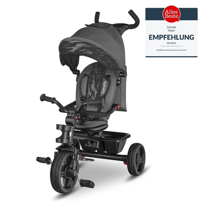 Tricicleta copii, Lionelo, Haari, Ultrapliabila, Multifunctionala, Suport picioare, Control al directiei, Scaun reversibil, Rotire 360 grade, Conform cu standardul european de securitate EN71, Gri